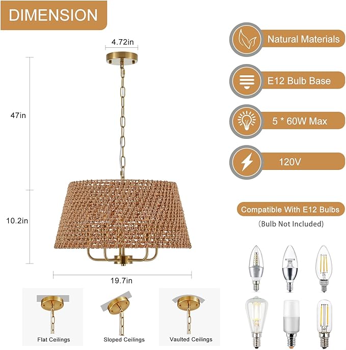 5-Lights Hand-Woven Rattan Chandelier Vintage Farmhouse Boho Bamboo Chandeliers Light Fixture Retro Drum Wicker Rattan Gold Chandelier for Dining Room, Kitchen, Living Room