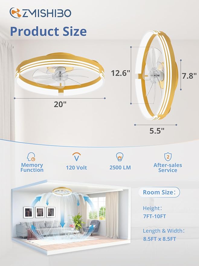 ZMISHIBO Low Profile Ceiling Fans with Lights and Remote, 20" Gold | 3000K-6000K Dimmable Fandelier LED, Flush Mount, 6 Wind Speeds, Reversible, Timer, Bedroom, Living Room, Kitchen, Kids Room
