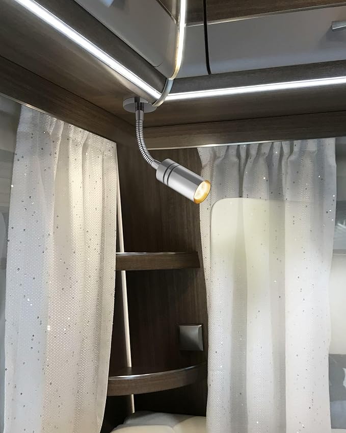 2 Pcs 12V Short Flexible Gooseneck Light RV Reading Light Wall Lamp Warm White, Boat Bedside Spot Light 1.4W, DC 10-30Volts Surface Mount on Marine Caravan Camper Van Yacht Interior