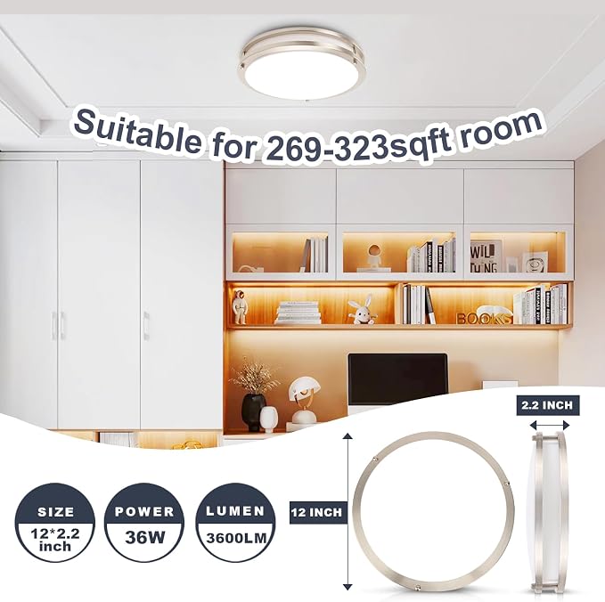 12inch LED Flush Mount Ceiling Light Fixture Dimmable Brushed Nickel, Easy Install Ceiling Lamp Fixture Without Flicker, Super Bright 36W 3600LM 5CCT Warm to White Light 3000K to 6000K 2-Pack