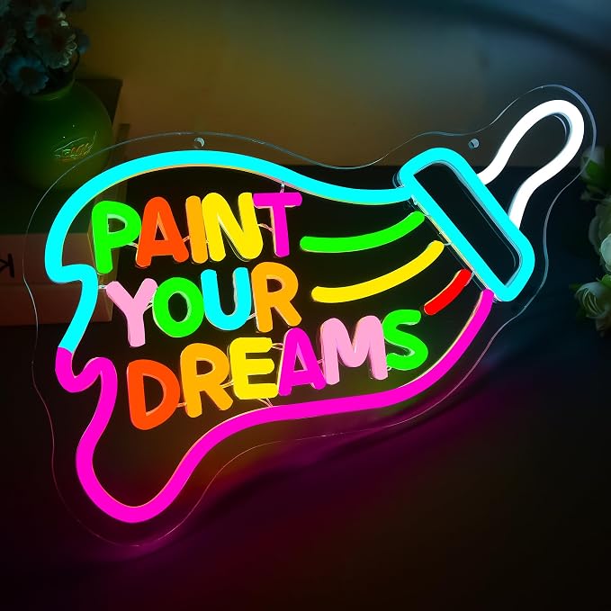 Paint Your Dreams Neon Sign for Wall Decor Art LED Light for Man Cave | Dimmable positive dream neon light, artist studio bedroom decor, birthday gift for teen creators, size 15*11 in