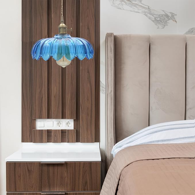Blue Glass Pendant Light Fixtures Medium 9.8 Inches Lampshade Gold Brass Finish and Switch Vintage Pendant Ceiling Lamp Copper Pendant Lighting (Blue)