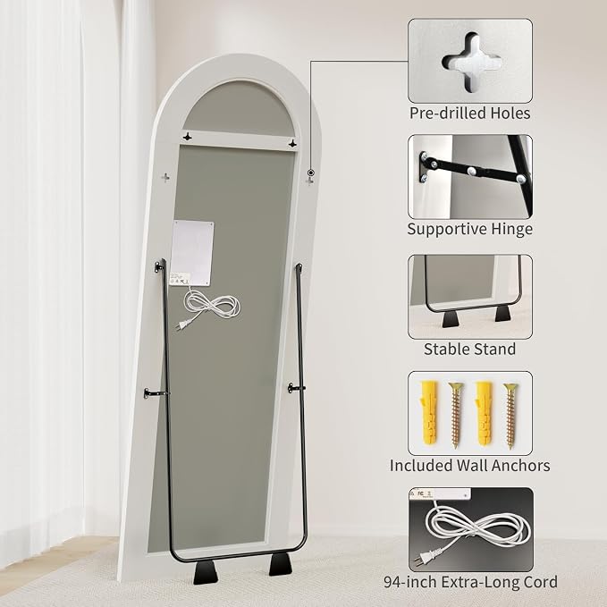 Koonmi LED Arched Full Length Mirror, 63"x20" Full Length Mirror with Lights, Lighted Floor Mirrors with Stand, Full Body Mirrors with Dimming & 3 Color Lightingfor Living Room Cloakroom, White