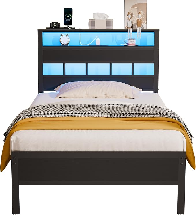 Twin Bed Frames with Charging Station and LED Lights, Black Oak | Heavy Duty Metal Slats Support, 2-Tier Wood Shelf Storage Headboard,USB & Type-C Ports,Noise-Free,No Box Spring,Easy Assembly