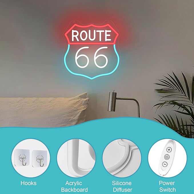 Route 66 Neon Sign, LED Light Room Decor USB Powered, for Bedroom Living Room Gaming Room Man Cave Home Party Birthday Gift for Family Friends Kids