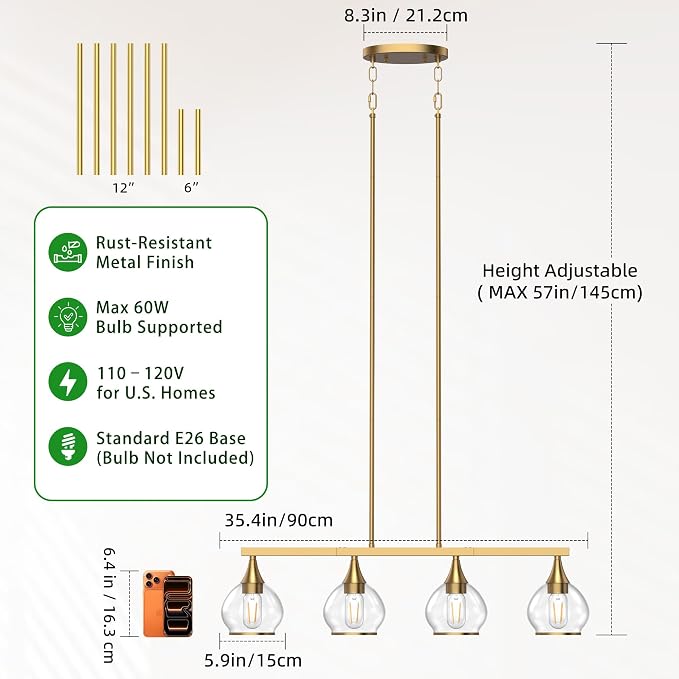 Kitchen Island Linear Pendant Light, 4-Light Gold Dining Room Chandelier with Clear Glass Globe Shades, Modern Linear Lighting Fixture Over Table