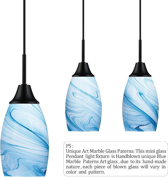 Viinew Mini Glass Pendant Light,3-Pack Blue Marble Glass Pendant Lights | Handblown Blue Marble Oval Art Glass Lamp Ceiling Hanging Light 4.72" Small Chandelier for Dining Room Kitchen
