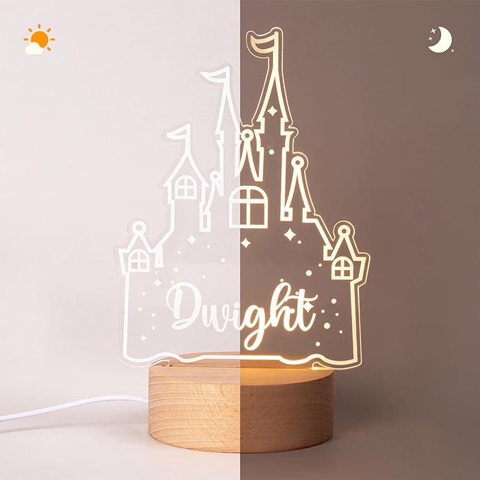 Custom Cartoon Castle Night Light for Kids, Personalized Name Led Light with Wooden Base Nursery Decor