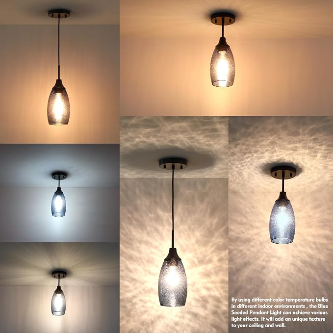 Viinew Mini Glass Pendant Light 1-Pack Dark Blue Seeded Hanging Light | Industria Glass chandeliers Blue Glass Pendant Light Oval Lamp Ceiling Pendant Light Blue Glass Pendant Light