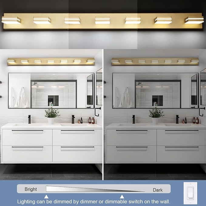 SineRise LED Modern Bathroom Vanity Light Fixtures, Modern Acrylic Bathroom Wall Lighting Fixtures Over Mirror, 7-Light, 55-Inch, Gold, 100%-0% White