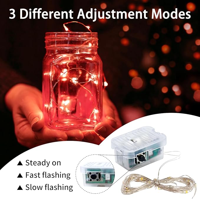 50 Pack Red Fairy Lights 7Ft 20 LED Twinkle String Lights 3 Modes Battery Operated Waterproof Firefly Starry for Mason Jar Party Table Centerpieces Halloween Christmas Valentines Day