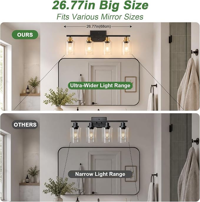 Ascher Bathroom Light Fixtures, 4-Light Vanity Lights with Clear Glass Shade, Modern Black and Gold Wall Light for Mirror Bedroom Hallway Cabinet Porch