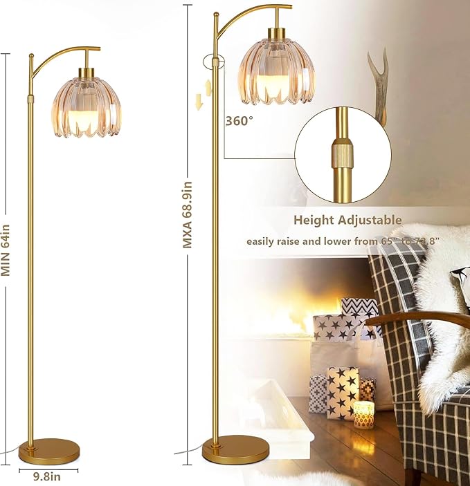 QIYIZM Glass Floor Lamp for Living Room,Bedroom,Gold Dimmable Standing Lamp with Remote,Mid Century Modern Brass Tall Lamp Boho Floor Lamps Arc Stained Flower Floor Light Lamp Girls Bohemian
