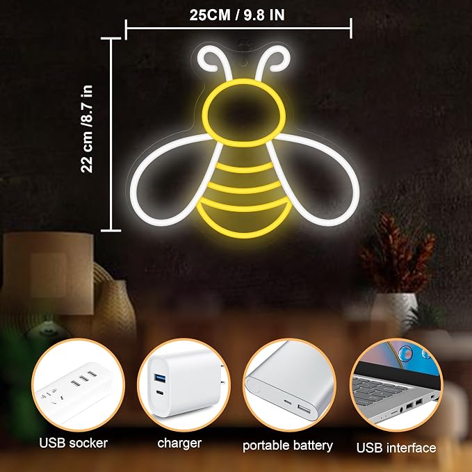 CoolGift Mart Bee Neon Sign - Dimmable Honey Neon Light Wall Decor, Birthday Party Decorations for Home, Patio, Garden, Bars, Hotels, Stores - Gift for Friends, Family, and Kids