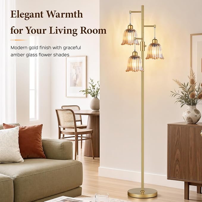Dimmable Flower Floor Lamp, 3 x 900LM LED Bulbs Included, Modern | 70" Gold Tree Standing Lamp, 3 Lights Elegant Amber Glass Flower Shade, Vintage Floor Lamps for Living Room, Bedroom, Office