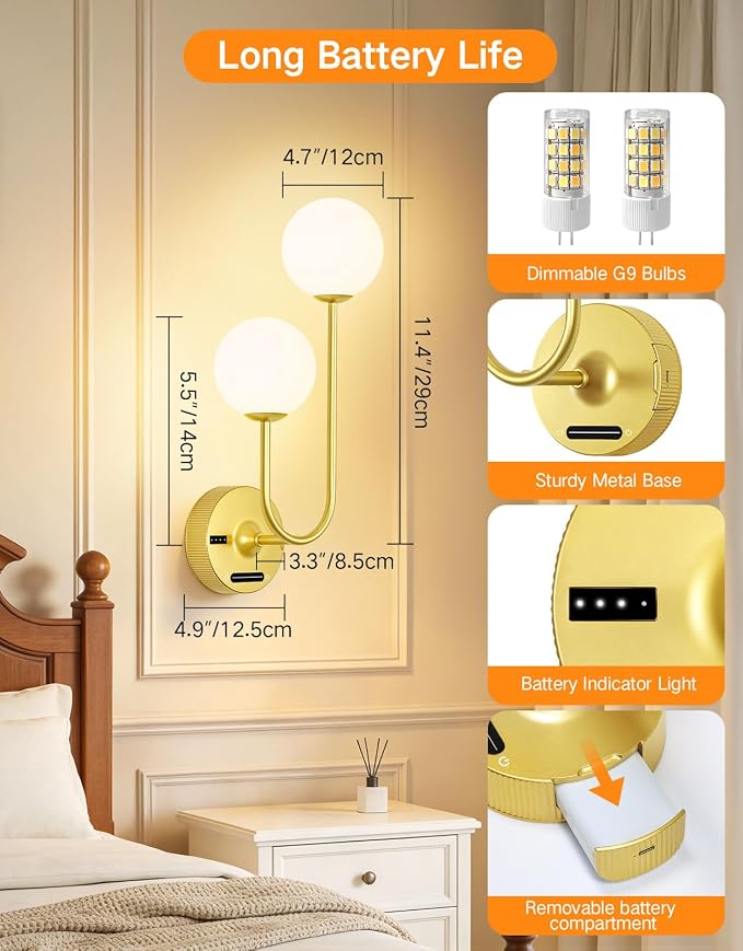OUTON Gold Battery Operated Wall Sconce, 8000mAh Rechargeable Wireless Wall Light with Detachable Battery, Remote & Touch Control, 3 Color Dimmable Wall Mounted Light for Bedroom Living Room Bathroom