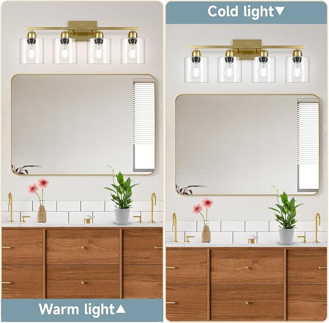 Modern Brushed Gold 4 Light Bathroom Light Fixtures, 24 inch Vanity Lights for Bathroom with Clear Glass, Bathroom Vanity Light for Mirror Kitchen Living Room Hallway Cabinet Porch