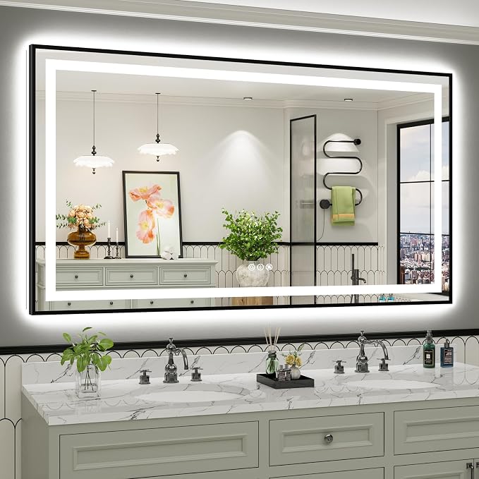 72x40 Inch LED Bathroom Mirror with Black Frame, Backlit & Front Lit | Anti-fog, 3 Color Dimmable, Memory Function, HD Reflection Tempered Glass, ETL Listed, IP54 Waterproof