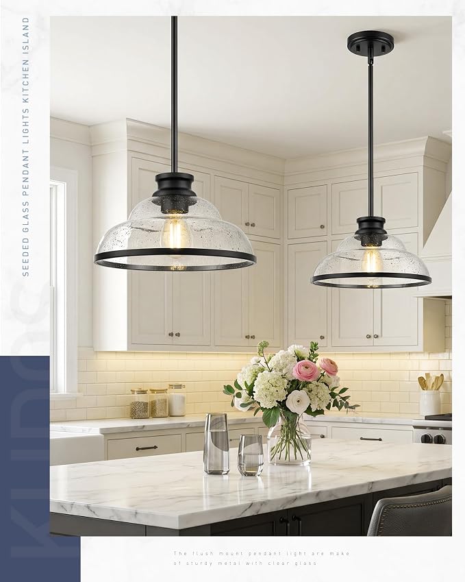 kudos 11" Black Seeded Glass Pendant Light Kitchen Island, KDPL14-BK | E26 Bulb Base, Hardwired, Farmhouse Styling, Adjustable Hanging Rods for Flat or Sloped Ceilings, for Kitchen Bars