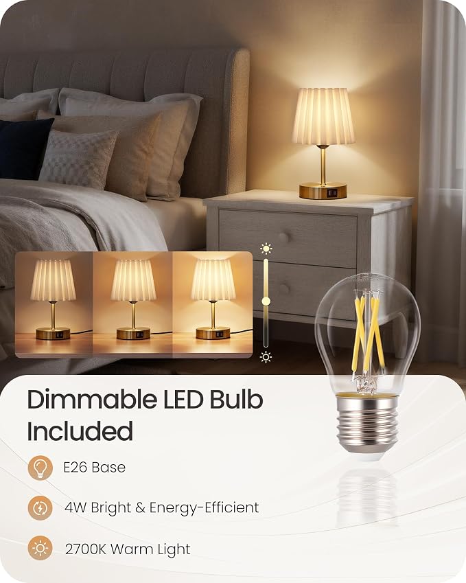 Small Bedside Table Lamps Set of 2, Touch Dimmable Table Lamps with USB Ports, Nightstand Lamps with 2 Stepless Dimming LED Bulbs, E26 Base, for Bedroom, Study, Gold and White DW16TLP205