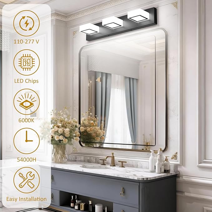 Ralbay Black Bathroom Vanity Lights 24inch Metal Acrylic LED Modern Bathroom Wall Lighting Fixtures Over Mirror Matte Black (White Light 6000K, Non-dimmable)