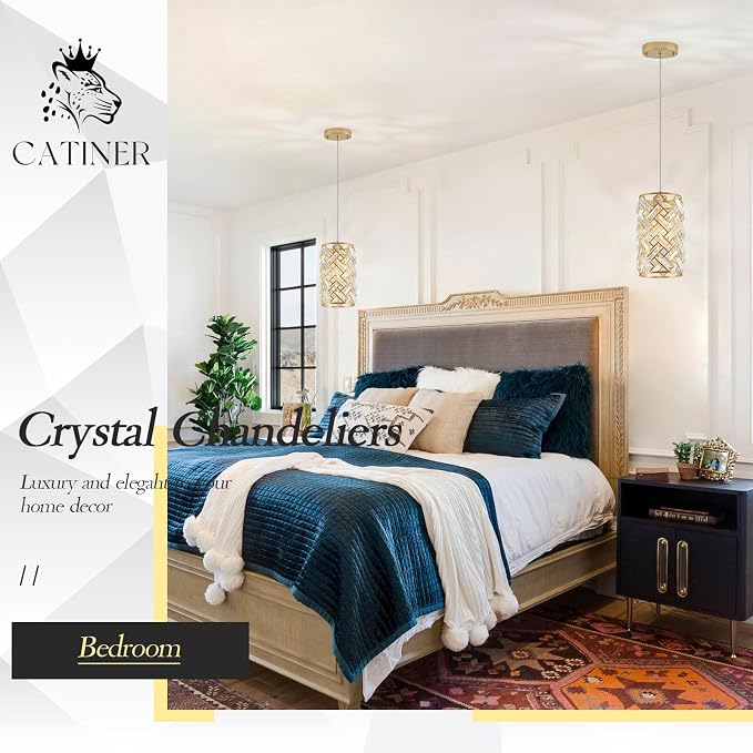 CATINER Gold Crystal Pendant Light, Mini Crystal Chandelier, Kitchen Island | Gold crystal pendant light with adjustable cord, E26 socket, dimmable, ideal for kitchen islands, bedrooms and bars