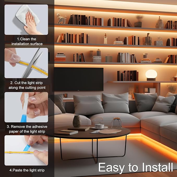 ZSLAIFU 24V COB LED Strip, LED Strip for Bedroom, 16.4FT Remote Control LED Strips, Warm LED Light Strip, COB Flexible Light for Bedroom Cabinet Vanity Mirror DIY Lighting