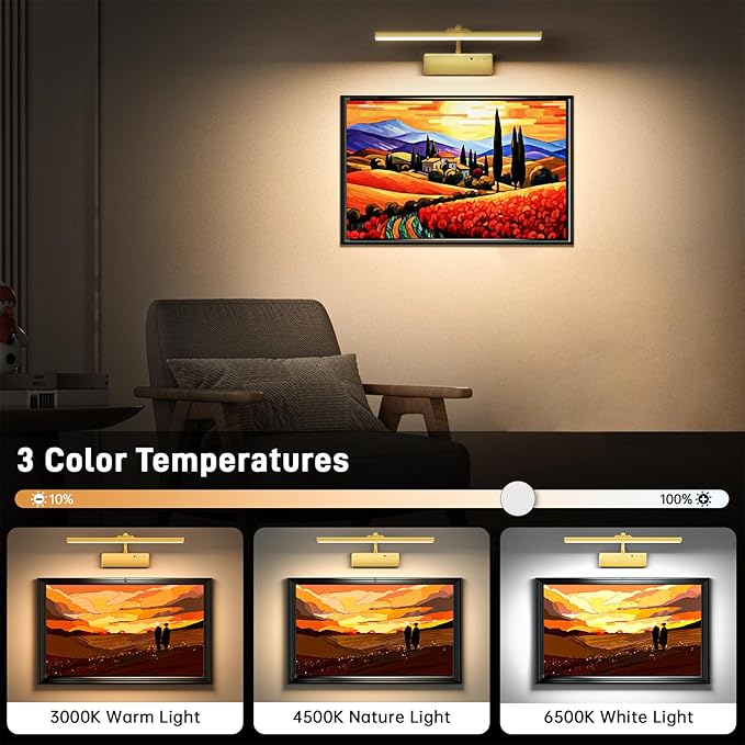 Picture Light, 15.35inch Picture Lights for Wall Rechargeable, Battery Wall Light Over Picture Frame, 3 Color Art Lighting for Paintings with Timer and Dimmable Artwork Display (Gold-2PCS)
