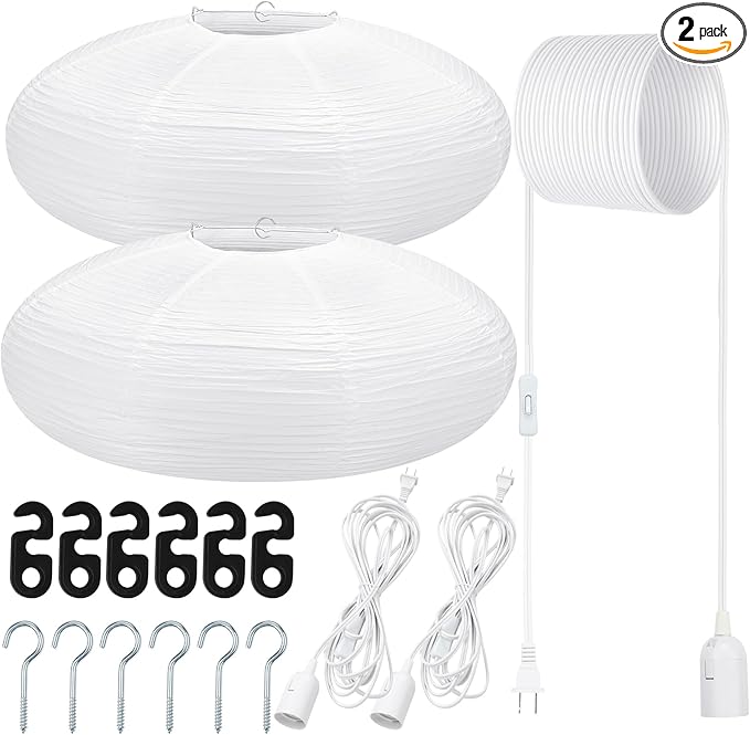 2 Sets Jumbo Paper Lanterns with Lamp Cord Cable White Hanging Paper Lanterns Chinese Japanese Pendant Hanging Lamp for Birthday Wedding Bridal Anniversary Party Decoration (Oval,22 Inch)