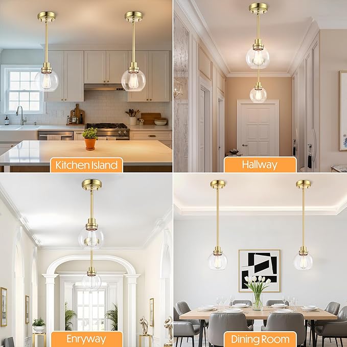 2 Pack Globe Pendant Light Gold Mid Century Modern Light Fixture, Clear Glass Pendant Lights Kitchen Island Pendant Lights Brushed Brass Finished with Clear Glass Lampshade