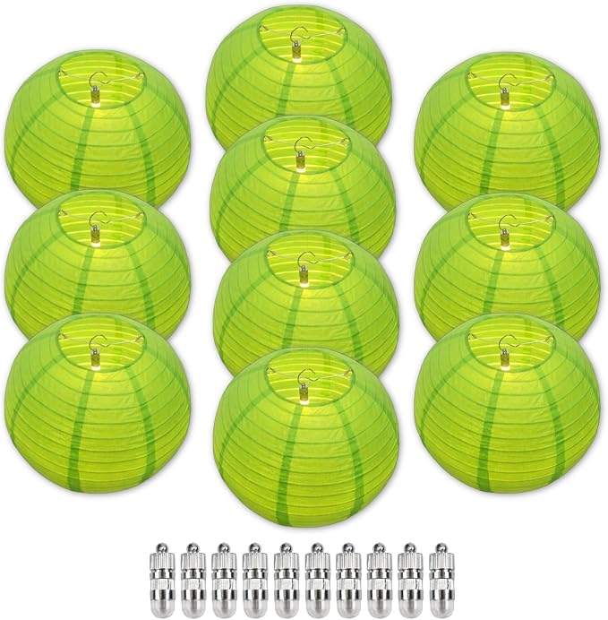 Green Chinese Paper Lanterns with LED Lights, 10-Pack 10inch