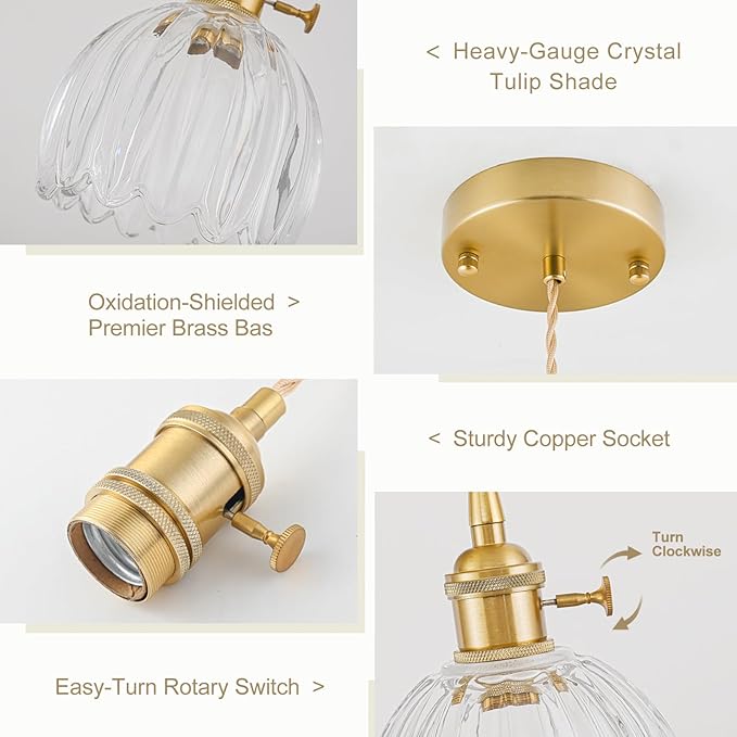 Mini Pendant Lights Kitchen island 2 Pack, Small Adjustable Pendant Light Fixture with Transparent Tulip Glass Lampshade, Vintage Gold Pendant Lighting, Pendant Light for Bedroom Dining Room Hallway