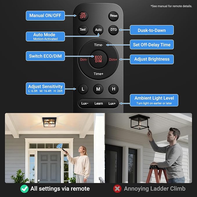 VIANIS Motion Sensor Exterior Ceiling Lighting Fixtures for Porch with Remote, 11'' Square Black Modern Outdoor Flush Mount Ceiling Light for House, 5 Modes Adjustable Distance Time Water Ripple Glass