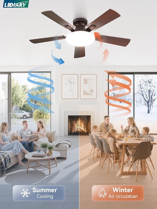 LEDIARY 42 Inch Flush Mount Ceiling Fans with Lights, Remote & APP Control | Bright Light, 3CCT, Dimmable, Memory Function, Timer, Reversible Blade, Quiet DC Motor, Damp-Rated, Bedroom, Covered Patio