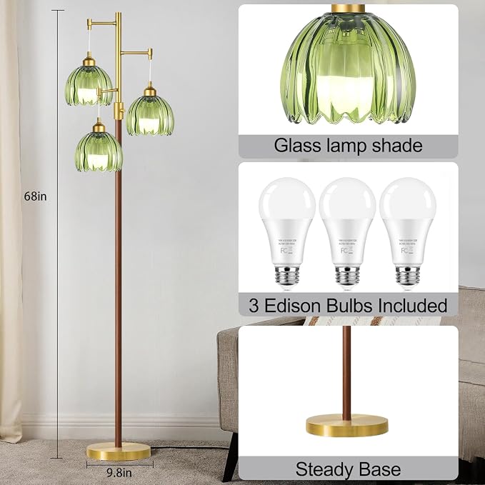 Wood Floor Lamps for Living Room Bedroom-3 Light Gold Floor Lamp with Glass Lampshape, Flower Tall Lamp Glass Mid Century Standing Lamp Vintage Tree Floor Lamp for Bedroom Corner