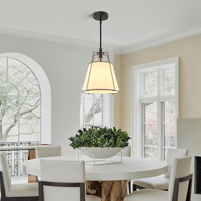 Modern Pendant Light Fixtures with 13" White Linen Fabric Shade, Adjustable Hanging Light Fixture,Drum Black Vintage Chandelier for Kitchen Island Bedroom Dining Room Foyer Entryway
