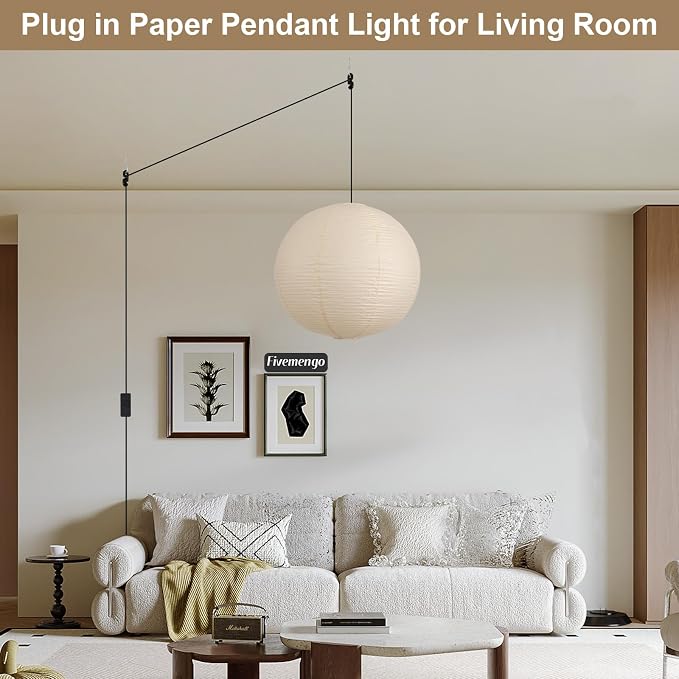 20in Paper Lanterns Plug in Hanging Lamp Off-White 19.7FT Cord | Rice Paper Lamp Lantern Pendant Light Large Globe Japanese Japandi Wabi Sabi Chandelier for Dining Living Room Bedroom 2 Pack