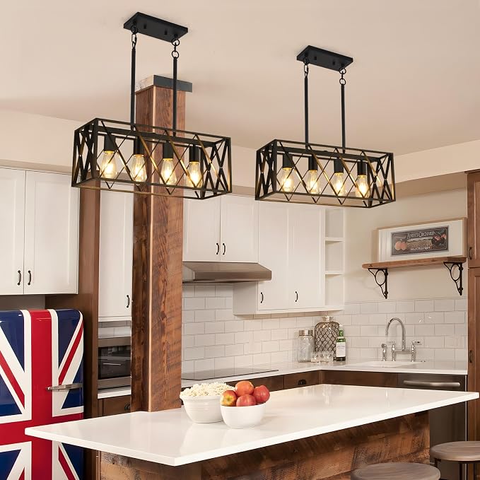 KEESFU Black Farmhouse Kitchen Island Lighting, 4 Lights Pendant Lighting Fixtures, Adjustable Height, Industrial Dining Room Light for Living Room Foyer Dining Table Over Sink.