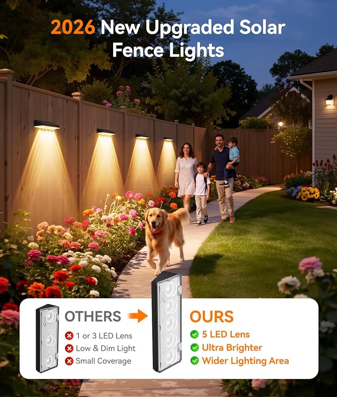 KOOPER Solar Fence Lights Outdoor Waterproof, 8 Pack Warm White & 9 Fixed Colors & Color Changing Fence Lights Solar Powered, Solar Lights Outdoor Fence for Outside Backyard Railing Patio Wall Deck