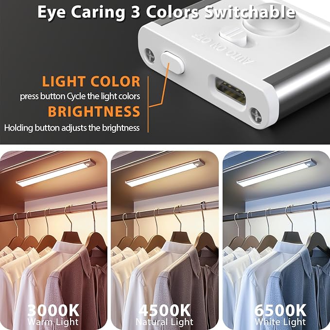 DAYBETTER 8inch Under Cabinet Lighting,2 Pack Motion Sensor Light Indoor | Rechargeable Light,3 Color Temps,5 Levels Dimmable,Magnetic Closet Lights,Wireless Under Counter Lights for Kitchen,Bookshelf