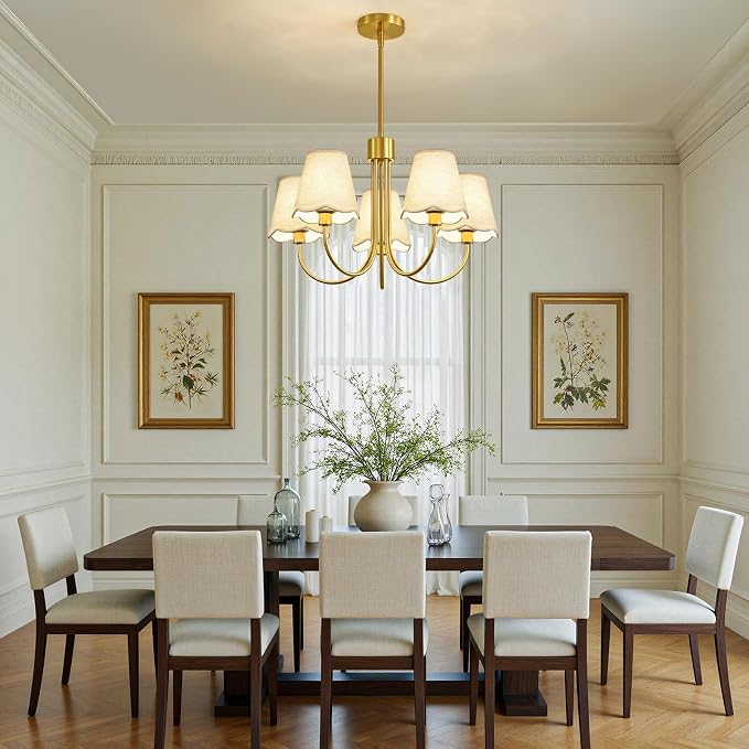RUIYEY Modern Dining Room Chandelier - 20" 5-Light Gold Chandeliers Light Fixture with Fabric Shades, Height Adjustable Mid-Century Pendant Lighting Over Table for Bedroom Living Room Kitchen Island