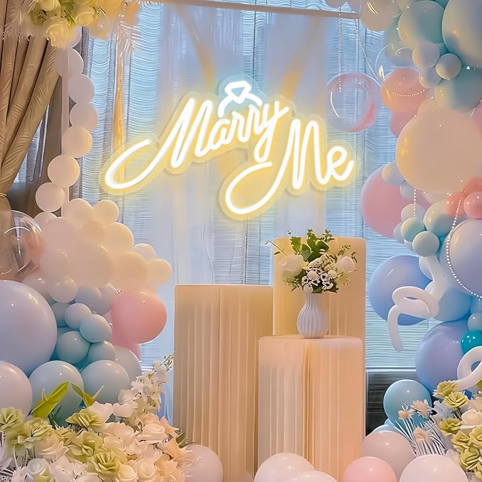 Marry Me Neon Sign, LED Neon Sign Wall Decor for for Engagement Proposal Wedding Ceremony Backdrop Wall Background Decorations, 16"x 9" USB Powered 10 Warm Brightness Light up Letters Signs