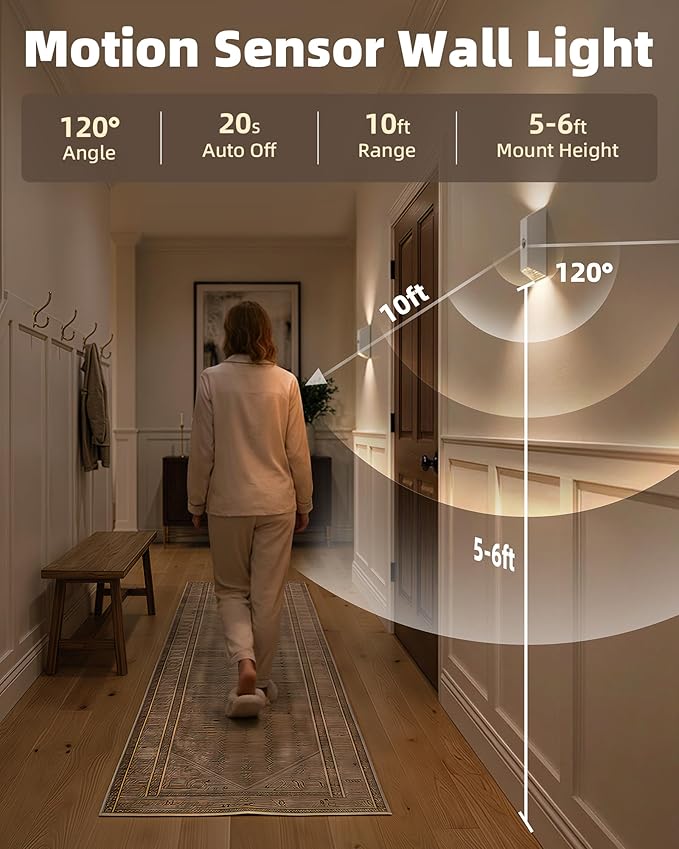 EZVALO Motion Sensor Wall Light with Remote Control, Wireless Wall Lamp, 3 Color Temps, Dimmable, Magnetic, LED Indoor Rechargeable Wall Sconce, 4000mAh, for Hallway, Stair, Bedroom, Renters