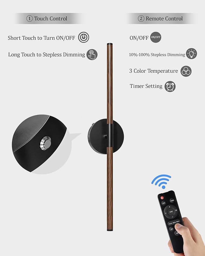 24" Battery Operated Wall Sconce Set of 2, 350° Rotating Lamp, Walnut Black | Wireless, 8000mAh Rechargeable Battery, Stepless Dimming, 3000K-6000K, Remote & Touch Control, Timer, Living Room, Bedroom