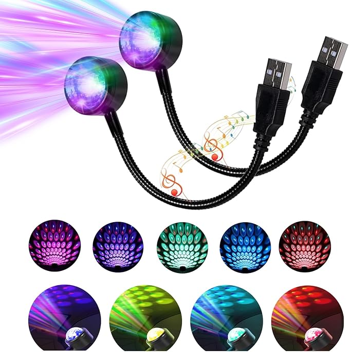 2Pcs USB Projector Night Light,Adjustable Atmosphere Car Roof Interior Lights Portable Star Lights,Neon Decorative Light for Car,Ceiling,Bedroom,Party,4 Colors & 9 Functions,Voice Control