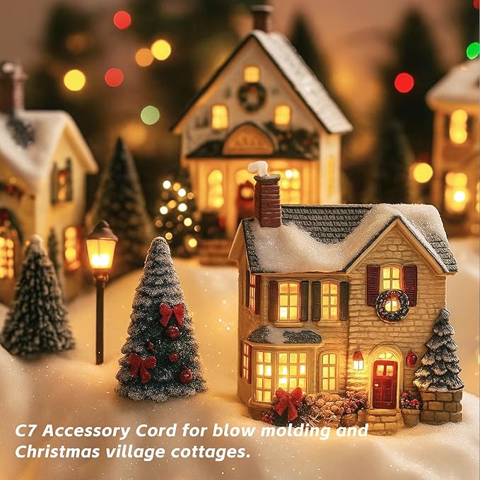 4 Pack Accessory Cord with LED Night Light Bulbs - White Cord with On/Off Switch - C7 led Bulb Warm White with Spare Fuse for Holiday Decoration and Craft Village House Decoration