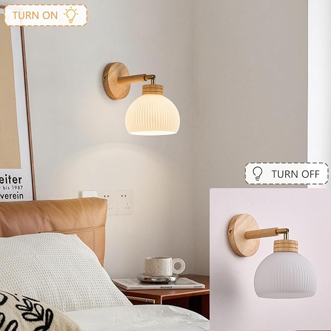 Globe Milk White Glass Wall Lamp Nordic Solid Wood Wall Sconce Adjustable Bedroom Bedside Reading Lighting, Modern Retro Half Globe Wooden Home Decor Lighting Fixture for Loft Living Room