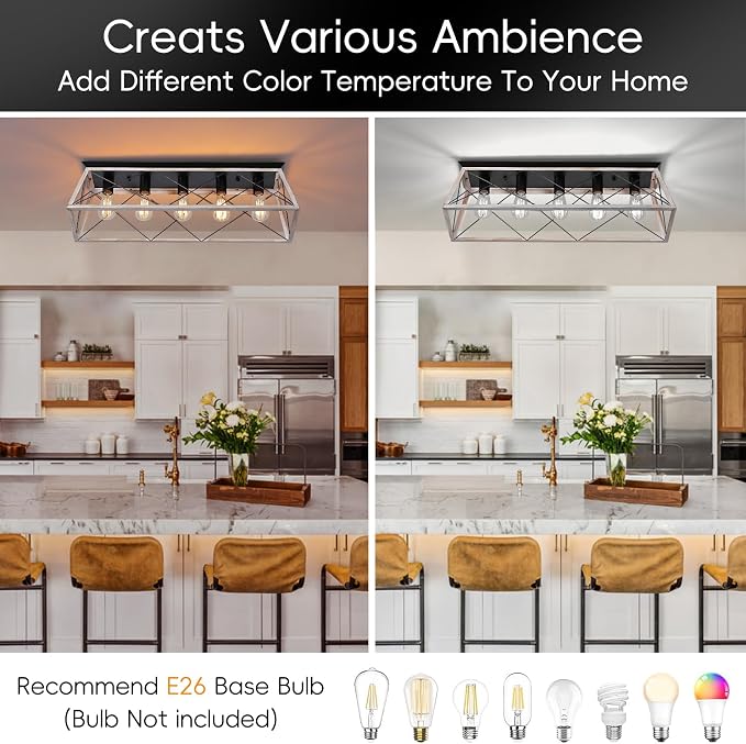 31.5" Large Flush Mount Ceiling Light Fixture, X-Shaped Metal Cage Design, Dimmable 5-Light Close to Ceiling, Farmhouse & Vintage Industrial Style, for Dining Room, Kitchen Island, Living Room