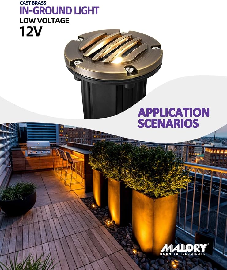 MALORY Low Voltage Landscape Well Lights, (φ126 mm) Brass Top Cover | 12V Outdoor In Ground Lights,Waterproof Uplight,Grated Top, 5W MR16 Bulb ,for Landscaping,Pathway, Driveway, Deck,Garden