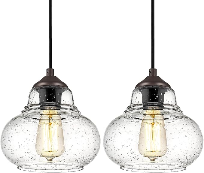 ELYONA 2 Pack Bubble Glass Pendant Lights, 8 Inch Vintage Hanging Lamp Seeded Glass Industrial Pendant Light Fixtures for Kitchen Island, Farmhouse, Bar, Bathroom, Dining Room, Oil Rubbed Bronze